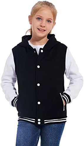 babyhealthy Kids Girls Varsity Jacket with Hooded Baseball Jacket Casual Sport Cardigan Sweatshirt Youth 2-13 Year