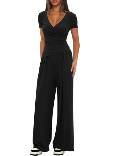 Darong 2-teiliges Lounge-Outfit-Set für Damen, V-Ausschnitt, Langarmshirts und Hose mit weitem Bein, Trainingsanzüge, legere passende Sets, Schwarz (73,7 cm Schrittlänge), S