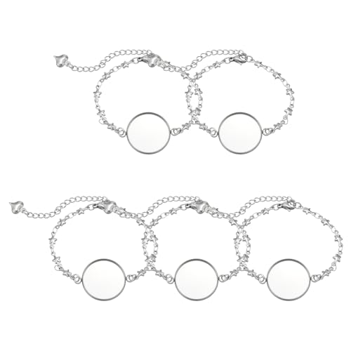 MECCANIXITY 5 Pcs Steel Cabochon Blank Trays Bracelet 20 mm Adjustable Bezel Setting Bracelet Bangle Chain for DIY Jewelry Making Accessories Star Heart Style Silver Tone