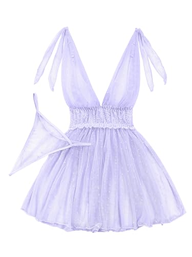 Image of Lilosy Sexy Polka Dots Mesh Sheer Lace Babydoll Chemise Lingerie Set Floral Sleep Wear
