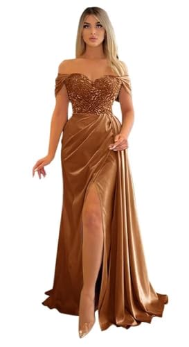 Off Shoulder Prom Dresses Long Mermaid Ball Gown 2024 Satin Beaded Slit Bridesmaid Formal Evening Dress for Women