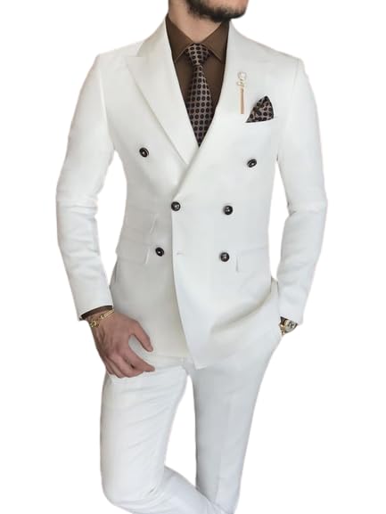 Men Suits 2 Piece White Double Breasted Slim Fit Elegant Groom Suits