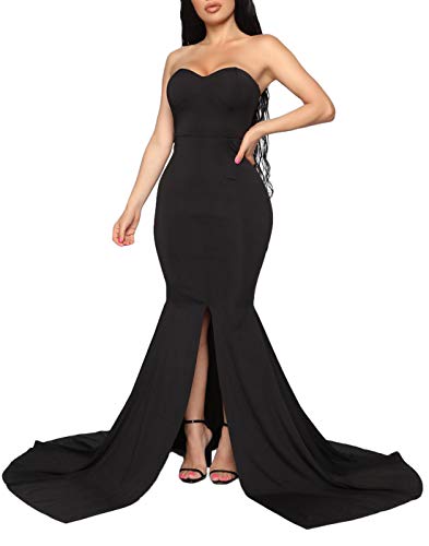 Ohvera Women s Soild Sweetheart Cut Strapless Slim Cocktail Evening Prom Gown Mermaid Maxi Long Dress Black Large