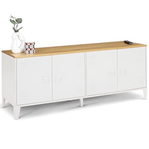 IDMarket – Aparador bajo 140 cm Ester 4 puertas metal blanco bandeja madera diseño industrial