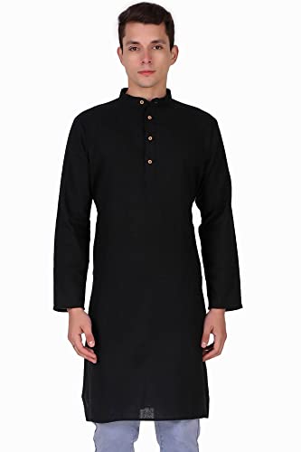 Image of Amazon Brand - Anarva Men's Handloom Cotton Solid Kurta Long Sleeves Straight Knee Length Long Shirt