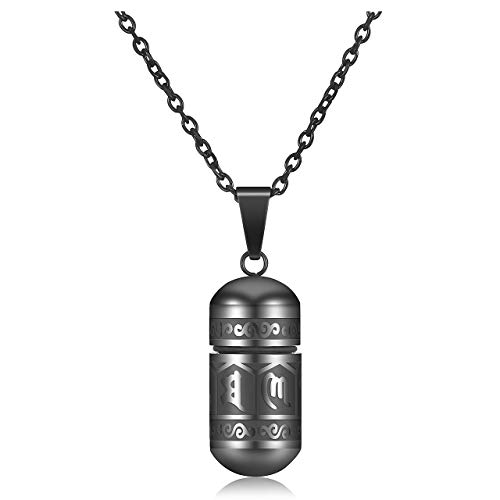 JSDDE Colgante de mantra budista de acero inoxidable con cadena de 24 pulgadas Om Mani Padme Hum molino de oración botella cápsula colgante urna colgante para mujeres hombres, 13*13*28mm (Anhänger