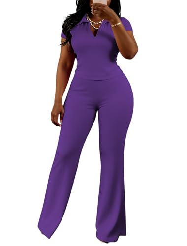 HBQ Womens 2 Piece Outfits Slim Fit V Neck Polo Top Flare Pants Short Sleeve Casual Matching Set-Purple-XL
