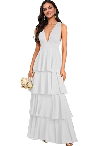 V Neck Chiffon Bridesmaid Dresses 2025 for Women Tiered Ruffles Formal Evening Dresses Long with Pleated