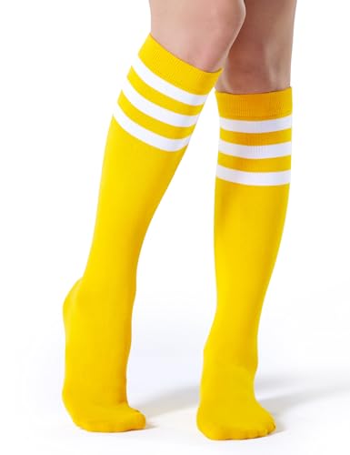FITRELL Women's Knee High Socks Athletic Socks Stripe Tube Outdoor Sport Socks 1 Pack, Yellow White