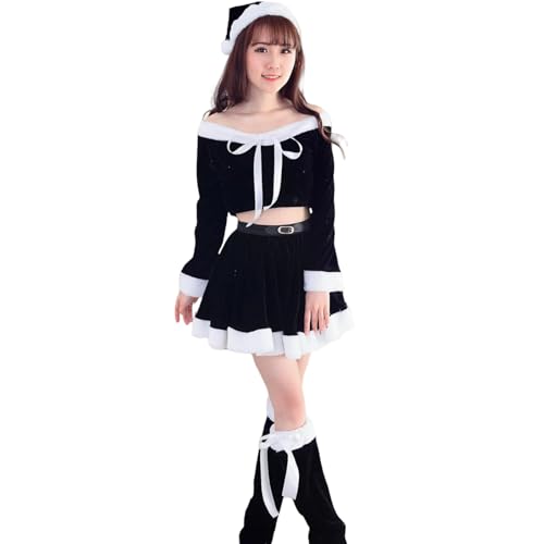 [SUNMOOH] サンタ コスプレ レディース 5点セット 可愛い 黒 サンタ仮装 クリスマス コスチューム サンタワンピース 演出服 イベント クリスマスイブ パーティー 舞台 新年会 文化祭