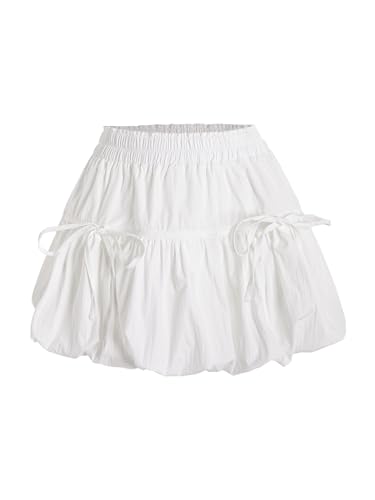 Verdusa Women's Bubble Skirt Ruffled Pleated Mini Skirt Elastic Waist Short Skater Skirts3