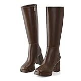GRACESTRIDE Knee High Platform Boots for Women Square Toe Boots with Chunky High Heel Shiny Patent-Look Tall Boots Side Zipper(8.5,Brown)