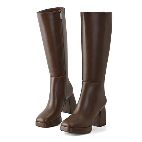 Knee High Platform Boots for Women Square Toe Boots with Chunky Block High Heel Shiny Patent-Look Tall Boots Side Zipper