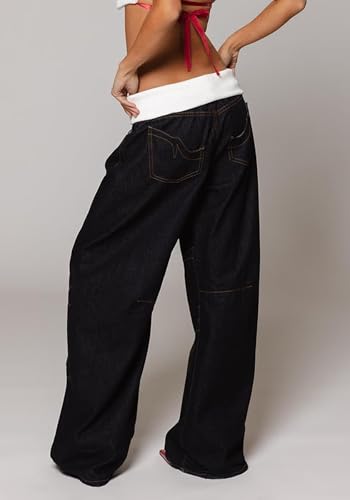 Famnbro Womens Barrel Cargo Jeans Y2k Elastic Patchwork High Waisted Straight Wide Leg Boyfriend Denim Pants3
