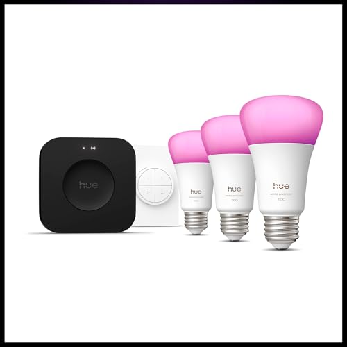 Philips Hue Starter Kit: Bridge Pro + 3 A19 E26 Smart Bulbs + Tap Dial Switch,White&Color Ambiance, Smart Light Hub,Works with Apple Home,Alexa,Google,Samsung SmartThings
