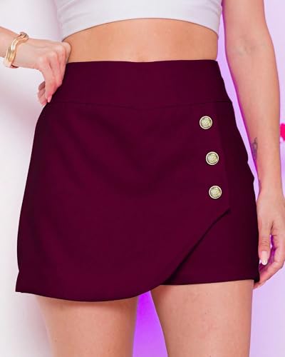 Image of ADDYVERO High Rise Elasticated Waistband Side Button Women Above Knee /Mini Bodycon Wrap Skort /Shorts (Maroon, 36)
