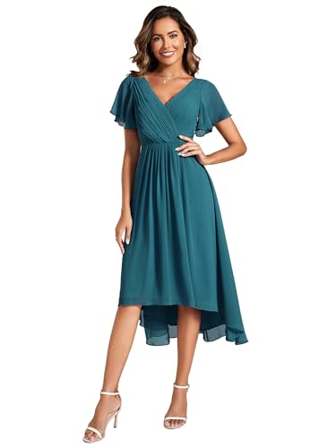 Ever-Pretty Cocktail Dress Prom V-Neck A-Line Dress Ruffles Sleeve Knee Length for Prom Homecoming Teal 22UK