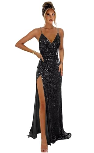 Women’s Glitter Sequin Prom Dresses with Slit Mermaid Backless Spaghetti Straps Formal Evening Party Gowns 2025 DE42
