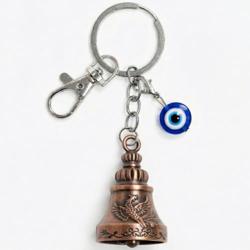 Image of OTTAVO Premium Guardian Bell Keychain for Bike & Car | Tibetan Texture Bell Keychain with Evil Eye & Silver Hook | Good Luck Charm with Laser-Engraved Wooden Gift Box