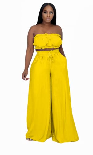 Image of Two Piece Sets for Women Summer Outfits Crop Tops and Wide Leg Pants Sets Sexy Jumpsuits Vacation Outfits with Pockets