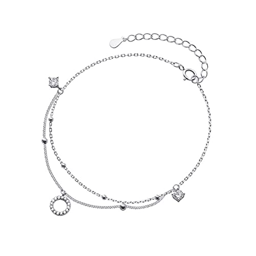 Fußkettchen Silber, Fußkette Damen, Damen 925er Sterling Silber Doppelschichtig Verstellbarer Geschenk für Mädchen Fashion Beach Knöchel Armband Glücksschmuck Rundes Fußschmuck Cover