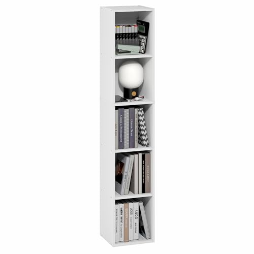 Furinno Fulda Book Shelf 5-Tier Tall Narrow Bookshelf Standing Bookcase with 10-in Width Storage Shelf 9.3 x 9.8 x 51.9 for Organization Storage for Living Room Bedroom Home Office White
