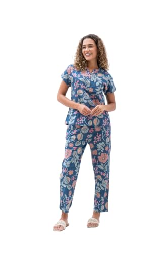 Image of SANSKRUTIHOMES Women's Premium 100% Cotton Printed Co-Ord Set | Short Sleeve Shirt & Pant Set | Pink Checkered Sun & Palm Tree Print | Casual Summer Resortwear, Vacation Wear & Comfortable Loungewear