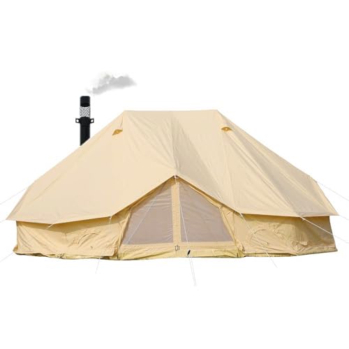 UNISTRENGH Luxury Cotton Canvas 6x4m Emperor Tent Waterproof Twin Poles Bell Tent with Stove Jack Hole for 8-12 People Family Camping Hiking Party (Classic)