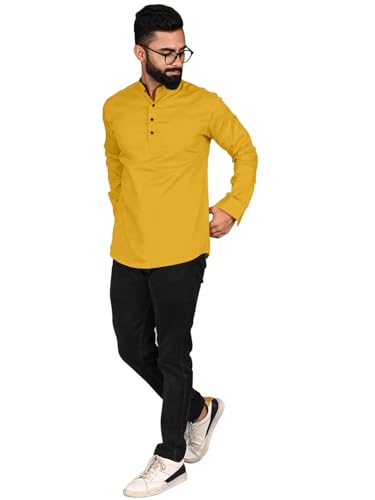 Image of ROYALSCOUT Men Cotton Blend Short Kurta with Mandarin Collar and Button Placket | Full Sleeve Regular Fit Ethnic Wear for Casual and Festive Use