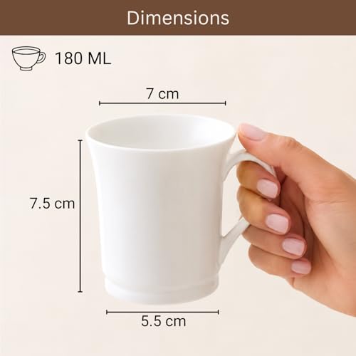 Image of Femora White Ceramic Tea Coffee Mug Set, 180 ml Each, Modern Tapered Shape, Set of 6 Microwave & Dishwasher Safe BPA Free