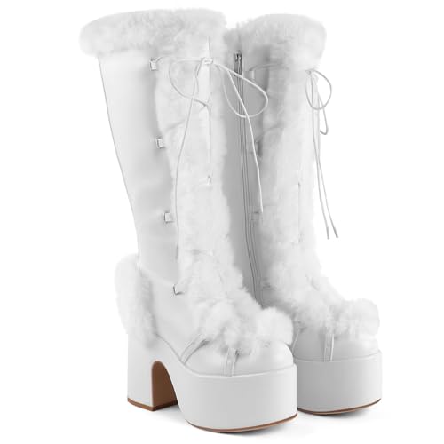 FancyQueen Platform Knee High Boots Women, Lace Up Goth Platform Faux Fur Boots Gothic Chunky Heel Winter Fuzzy Booties with Zipper
