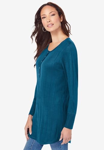 Roaman's Women's Plus Size Plus Size Drop Needle Henley Lightweight Sweater Knit2