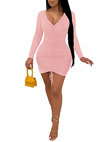 Ekaliy Women’s Sexy Long Sleeve V Neck Bodycon Mini Dress Solid Color Ruched Party Club Mini Dresses Clubwear Pink Medium