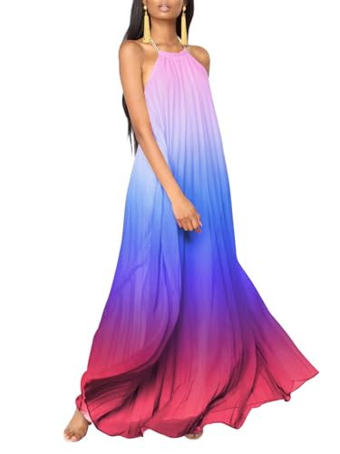 Paintcolors Damen Neckholder Ärmellos Lang Maxikleid Rückenfrei Casual Lose Ombre Sommer Strand Chiffon Flowy Sommerkleid, 8 - Violett / Pink,...