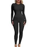 OQQ Women‘s Yoga Jumpsuits Ribbed Long Sleeve Crew Neck Tops Sport Jumpsuits Black