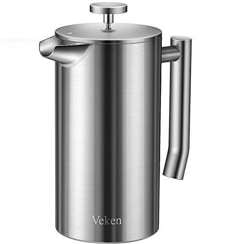 Veken French Press Plunger Coffee Tea Maker 34 Ounce 1 Liter, Double Wall Vacuum Insulated Stainless Steel Coffee Press with 4 Filter Screens for Camping Travel Gifts, Dishwasher Safe, Chrome