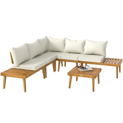 Outsunny Salon de Jardin extérieur d'angle 5 Places modulable en Bois d'acacia avec canapés et Table Basse, Plateau à Lattes et Coussins Inclus, mobilier de Jardin...