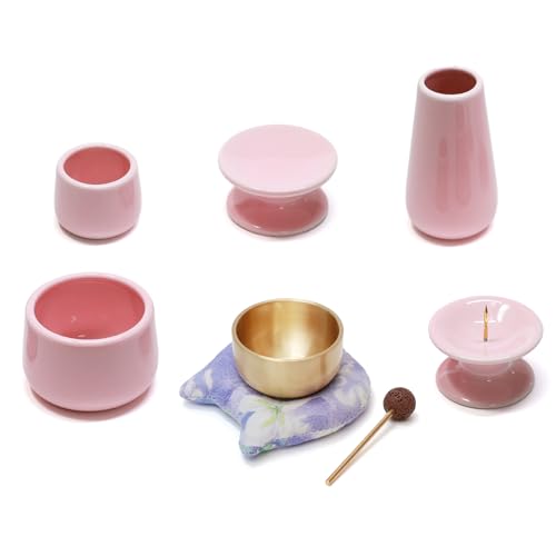 MimoriHive ペット 仏具 五具足 おりんセット 猫 犬 顔 布製台座 ヘアライン仕上げ 指紋防止 防錆コーティング 真鍮製 おりん 陶器 仏壇 手元供養 メモリアル 8点セット ピンク (フラワー4)