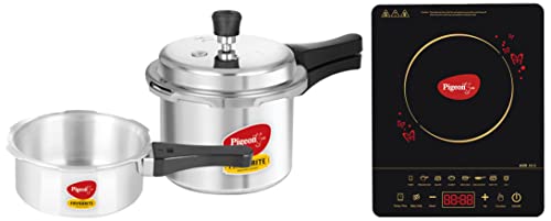 Pigeon by Stovekraft ABS Plastic Acer Plus Induction Cooktop 1800 Watts with Feather Touch Control & Mini Combi Aluminium Pressure Outer Lid Cooker Set, 2 and 3 litres with Common Lid
