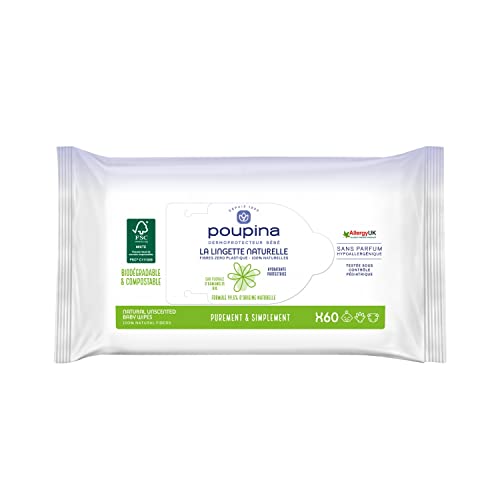 POUPINA - Les Lingettes bébé Naturelles x60 - Sans Parfum, Hypoallergéniques - Hydratantes et Protectrices - Fibre 0 plastique et 100% Naturelle - Vegan - 99,6% d'ingrédients d'Origine Naturelle Cover