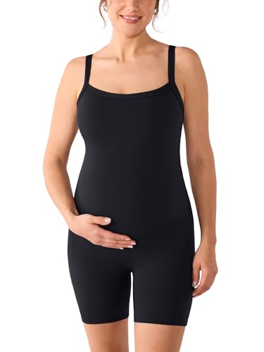MOMANDA Padded Maternity Bodysuit Shorts Pregnancy Jumpsuit Sleeveless Tank Top Romper Shapewear Black Small