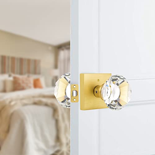 Hiemey Square Glass Crystal Interior, Bedroom And Bathroom Privacy Gold Door Knobs With Lock, Satin Brass Door Knobs Set, Diamond Shape Keyless, Bs-007 #TOP1