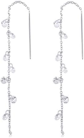 SLUYNZ 925 Sterling Silver Sparkling CZ Drop Earrings Chain for Women Girls Elegant Long Threader Earrings Tassel Dangle