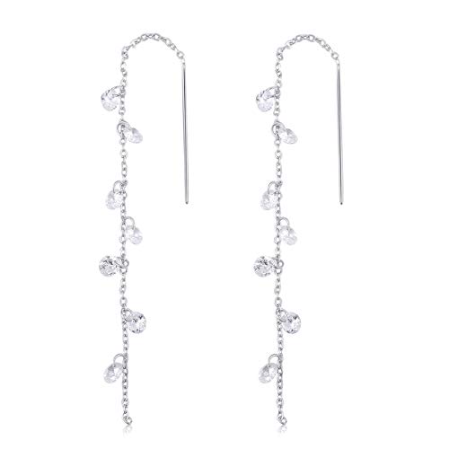 SLUYNZ 925 Sterling Silber Funkelnde CZ Tropfen Ohrringe Kette für Damen - Lange Einfädler Ohrringe Quaste Baumeln Ohrhänger