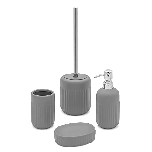 Inbagno Set Bagno Accessori Completo – 4 Pezzi, Kit Accessori Appoggio Grigio, Include Dispenser, Portaspazzolini, Portasapone E Scopino Wc, Linea Cup