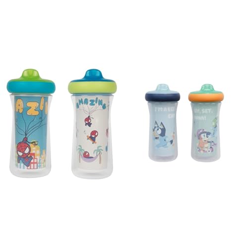 Image of The First Years Marvel and Bluey Insulated Sippy Cups - Spill Proof Toddler Cups with Bite-Resistant Hard Spout - 9 Ounces - 2 Count