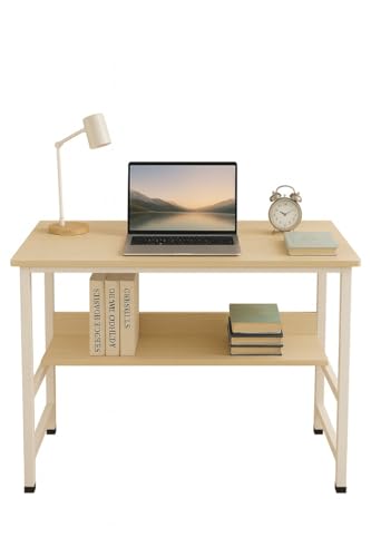 Image of Multipurpose Wood Study Table with Shelf Computer, Laptop & Office Workstation Desk for Home & Work - Easy to Assemble Gaming Concept Desk (White Board White Metal)(L*90,B*60,H*75)cm.