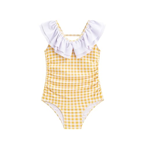LIZENS Girls One Piece Swimwear Ruffle Trim 2-12Years Flounce Checkered Beach Bathing Suit Hollow Out