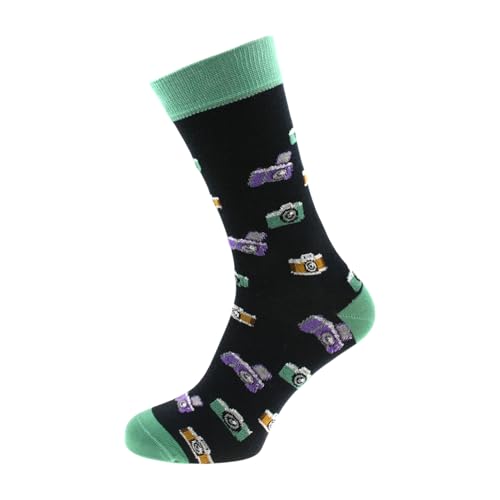 Novelty Camera Woven Design Cotton Rich Socks Black and Mint Green Photographer Theme UK Size 5-12 Unisex Adult