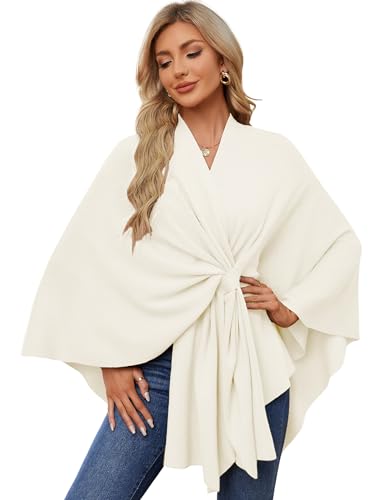 PULI Poncho Élégant pour Femme - Ponchos en Tricot - Capes - Ouverture Avant - Polyvalent - Écharpe à Enrouler avec Languette, Blanc ivoire., taille unique